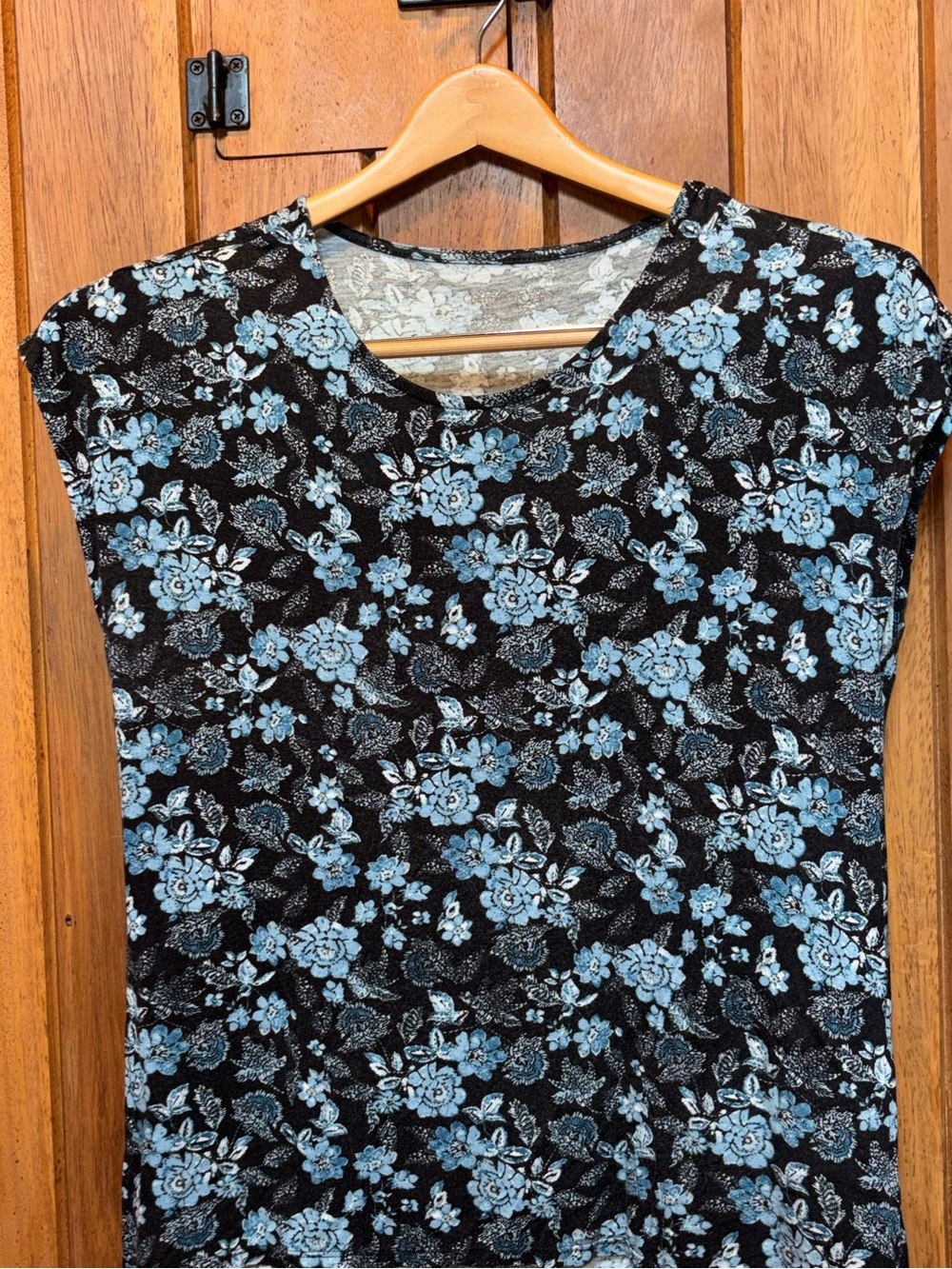 Floral Cap-Sleeve Top in Light Blue on Black